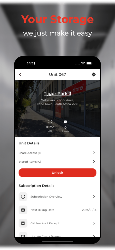 Flexistore app interface showing storage unit details and a digital unlock button.