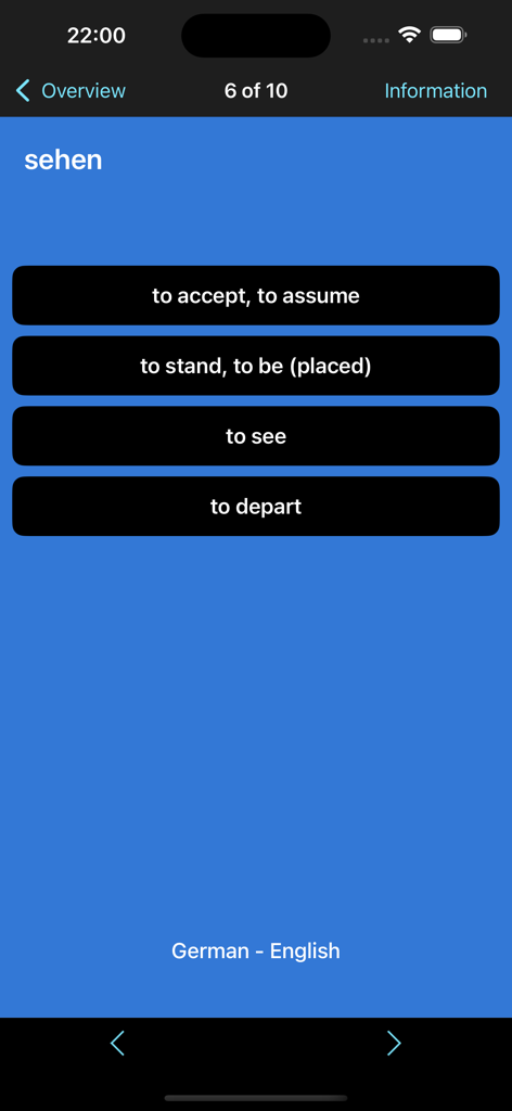 Multiple choice vocabulary exercise for the German verb sehen with English translations
