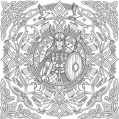 Unleash your strength with this magnificent Shieldmaiden Mandala coloring page. Immerse yourself in Norse mythology as you bring a fierce warrior to life amidst stunning, intricate patterns.