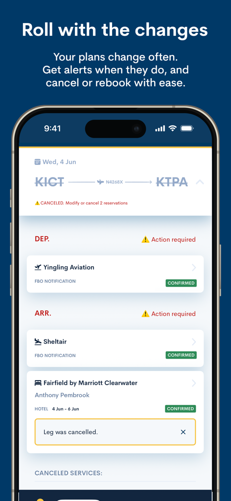 FlightBridge app interface displaying real-time trip alerts and options to manage flight cancellations and rebooking for aviation professionals.