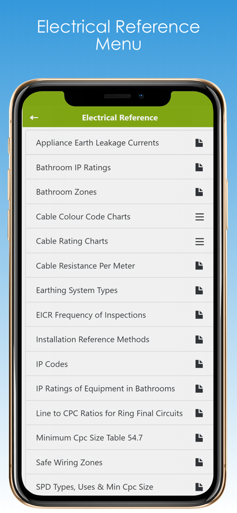 スマートフォンに技術チャートと表のリストが表示された電気リファレンスメニュー