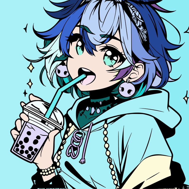 hot baddie anime girl drinking boba and biting the straw
