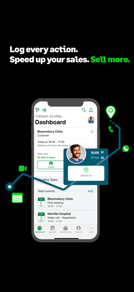 Sage Sales Management mobile app dashboard showing sales representative schedule and check in feature