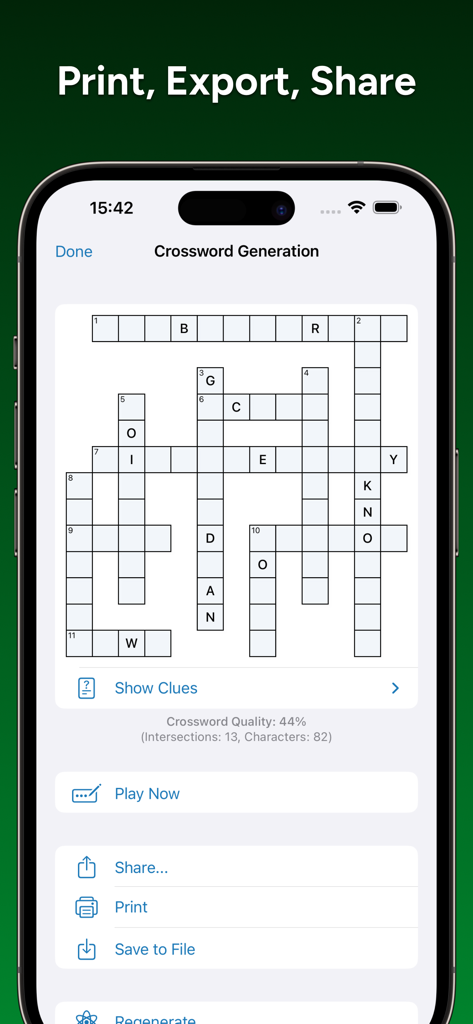 CrossCraft: Crossword Tests - Pantalla de la aplicación CrossCraft para compartir, imprimir y exportar crucigramas generados