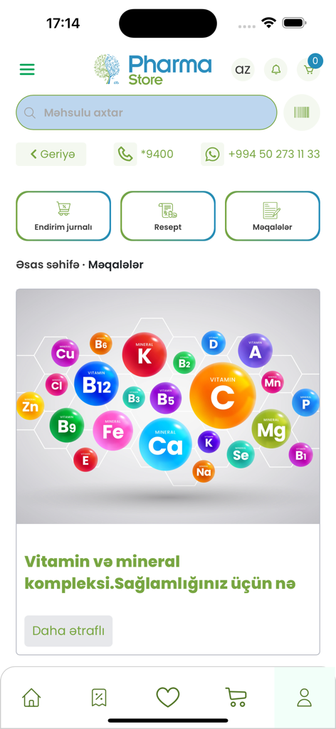 PharmOnline app interface showing health articles and vitamin information