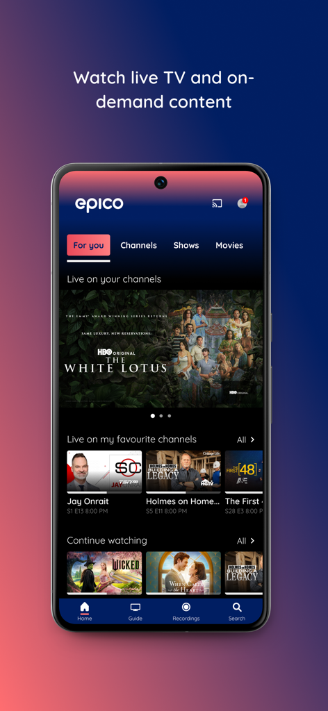 Cogeco EPICO - Cogeco EPICO app interface showing live TV channels and on demand content on a smartphone screen