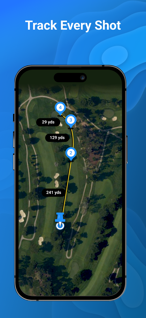 Screenshot der 18Birdies App, die GPS-Schlagverfolgung und Entfernungen auf einer Golfplatzkarte anzeigt