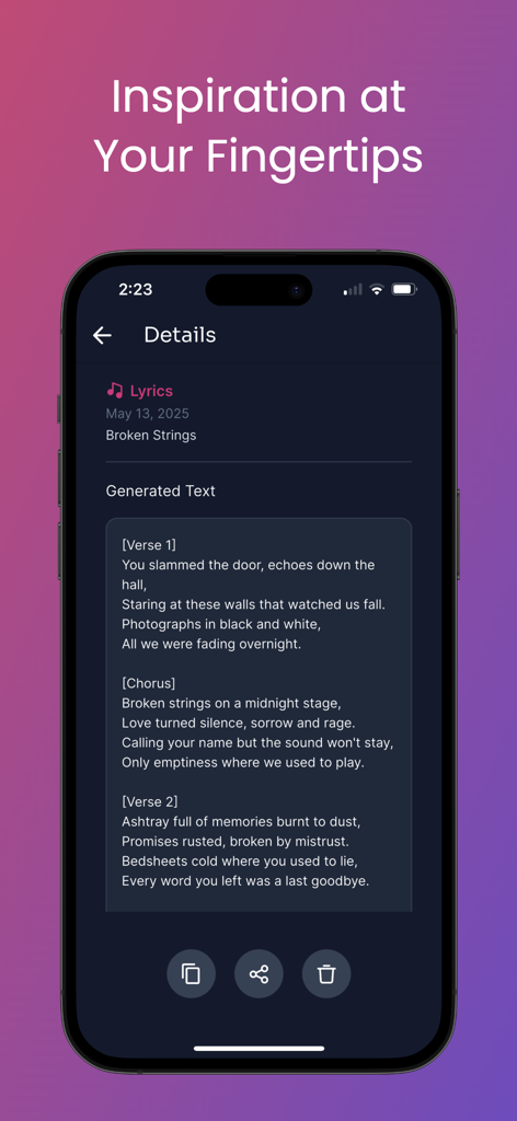 AI Poem & Lyric Generator - Screenshot der LyricMuse-App, der von der KI generierte Songtexte für einen Track mit dem Titel Broken Strings mit Strophen- und Refrainabschnitten anzeigt