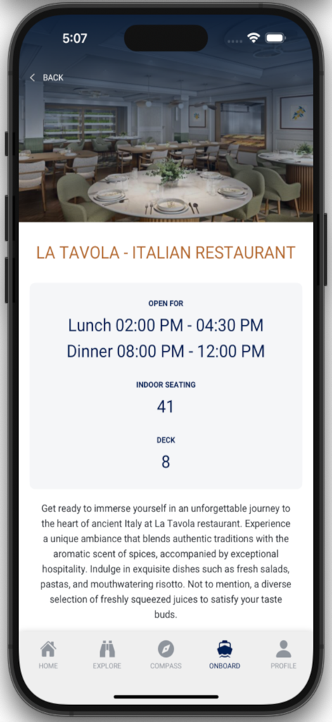 AROYA Cruises app mostrando informações e horário de funcionamento do restaurante italiano La Tavola