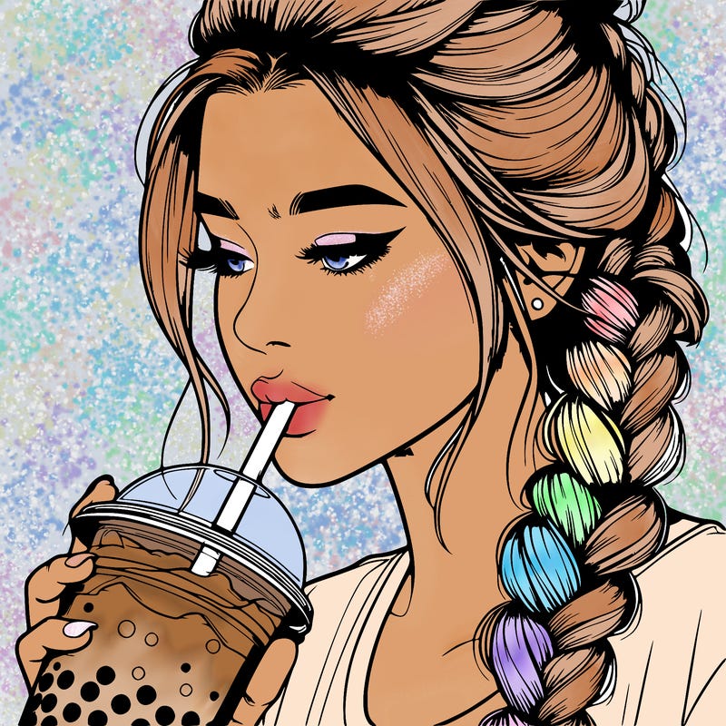 realistic girl drinking boba tea with braided hair