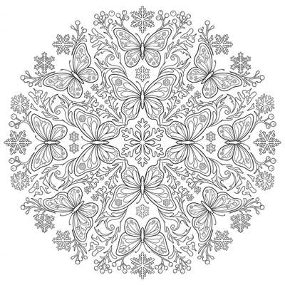 Transform your coloring experience with this beautiful Winter Butterfly Mandala. This intricate design blends the delicate grace of butterflies with the serene beauty of winter snowflakes, offering a uniquely calming creative escape.