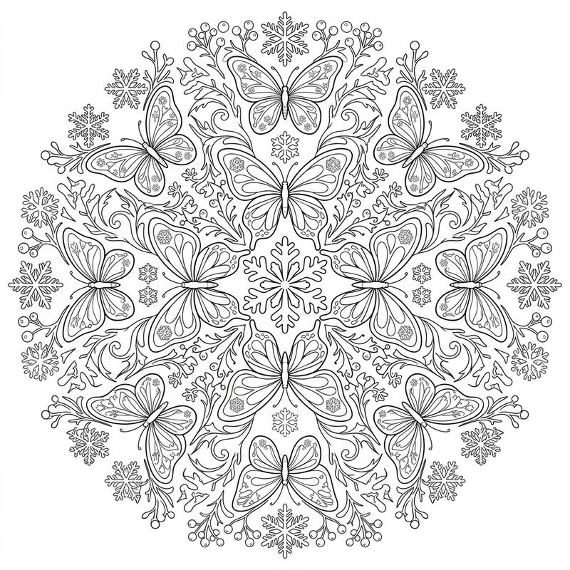 Transform your coloring experience with this beautiful Winter Butterfly Mandala. This intricate design blends the delicate grace of butterflies with the serene beauty of winter snowflakes, offering a uniquely calming creative escape.