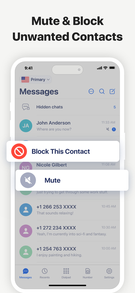 2nd Line - Second phone number - Interface de l'application 2e Ligne montrant les options pour masquer et bloquer les contacts téléphoniques indésirables.