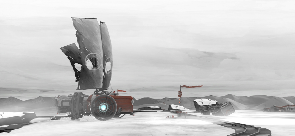 FAR: Lone Sails - Ein einzigartiges Landfahrzeug mit zerrissenen Segeln, das in FAR Lone Sails über eine trostlose verschneite Landschaft fährt
