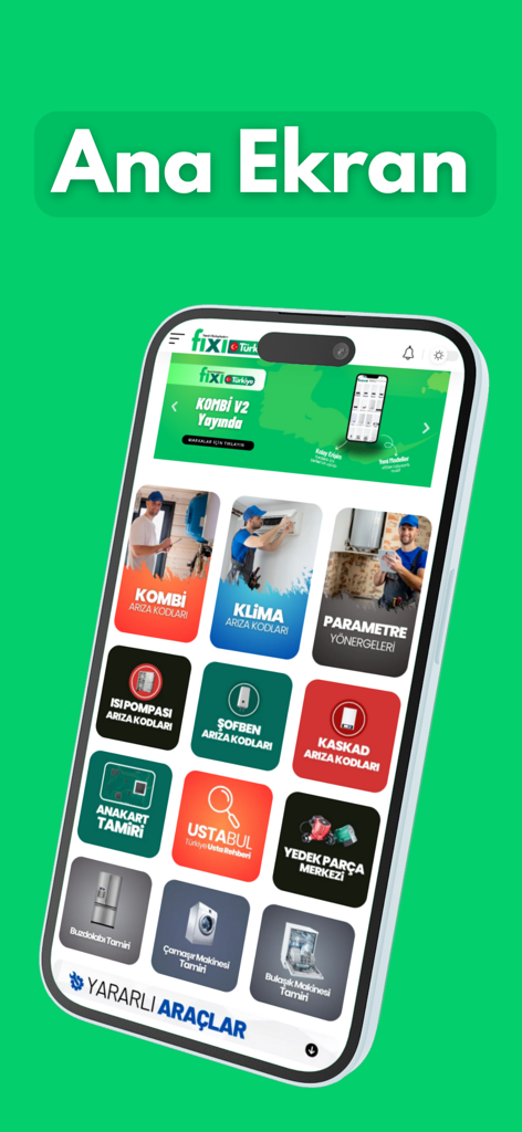 Fixi - HVACおよび家庭用電化製品の修理カテゴリを特徴とするFixiアプリのホーム画面ダッシュボード