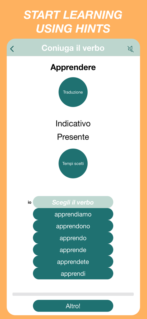 A multiple choice conjugation quiz for the Italian verb Apprendere on the Italian Verbs Quiz mobile app.