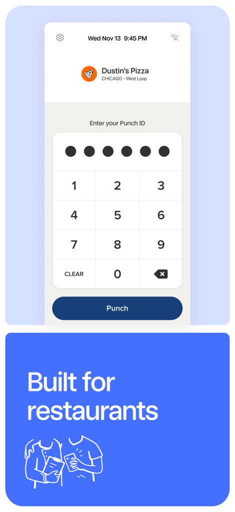 7punches mobile app interface showing a numeric keypad for employee punch ID entry with a Built for restaurants graphic below