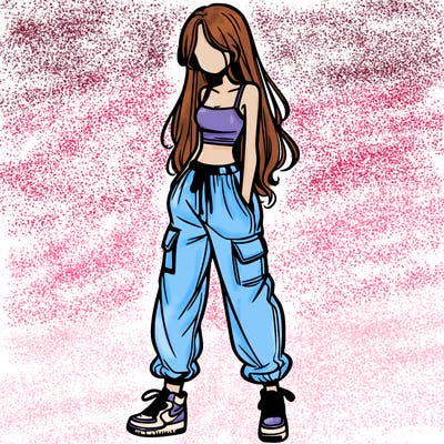 girl in baggy pants crop top and long hair