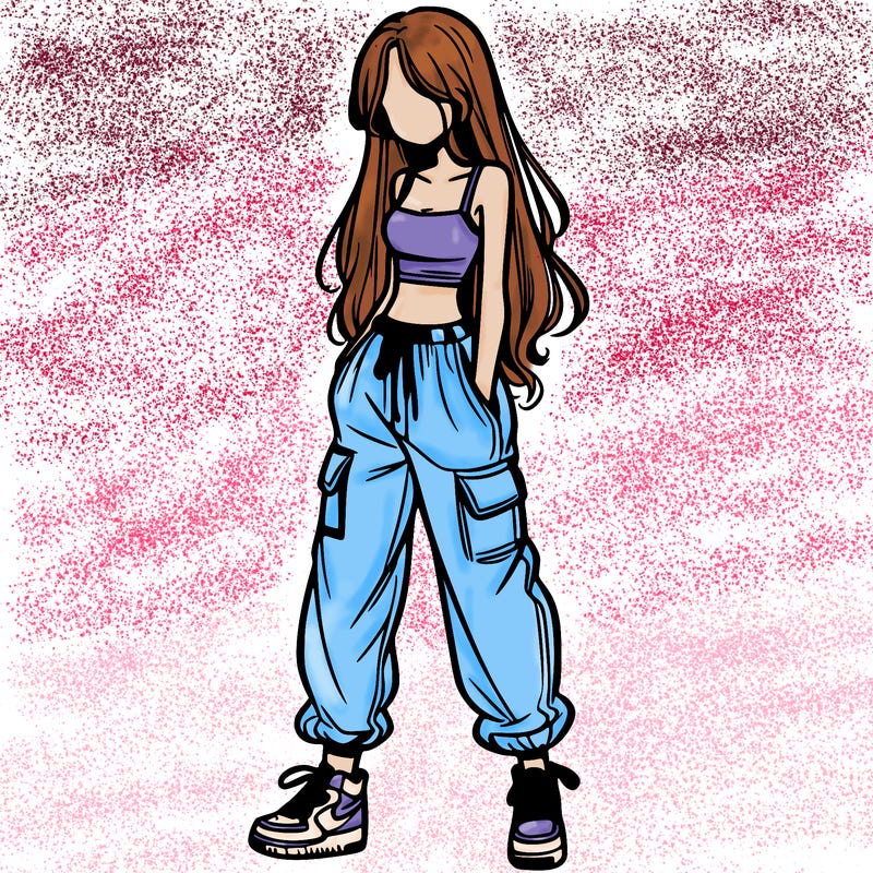 girl in baggy pants crop top and long hair