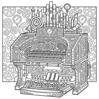 Explore the fascinating fusion of classic music and industrial fantasy with this intricate Steampunk Hammond Organ coloring page. It's a perfect blend of gears, pipes, and soulful sound, ready for your artistic touch.