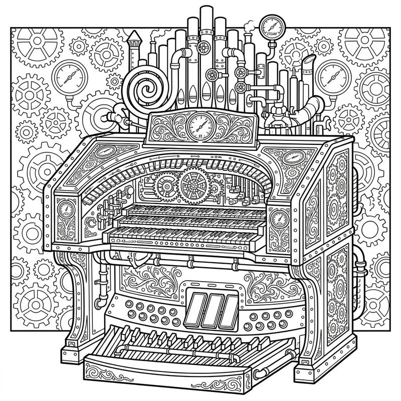 Explore the fascinating fusion of classic music and industrial fantasy with this intricate Steampunk Hammond Organ coloring page. It's a perfect blend of gears, pipes, and soulful sound, ready for your artistic touch.