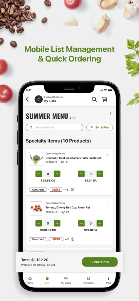 US Foods MOXē - US Foods Moxe app interface showing mobile list management and quick ordering for restaurants