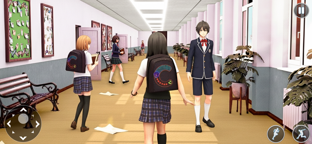 Estudantes em uniformes andando por um corredor escolar 3D em High School Simulator Life 3D