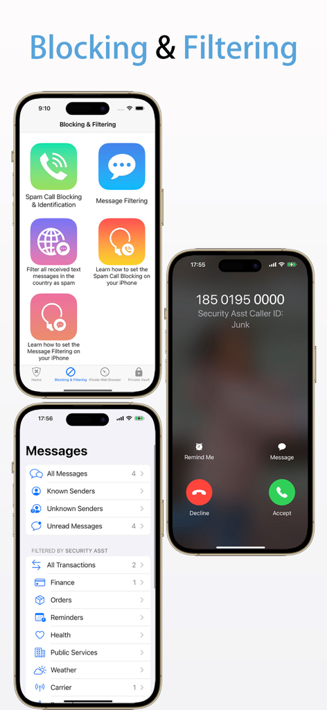 SecurityX- AD Blocker,Privacy+ - SecurityX app screens showing spam call blocking and SMS message filtering features