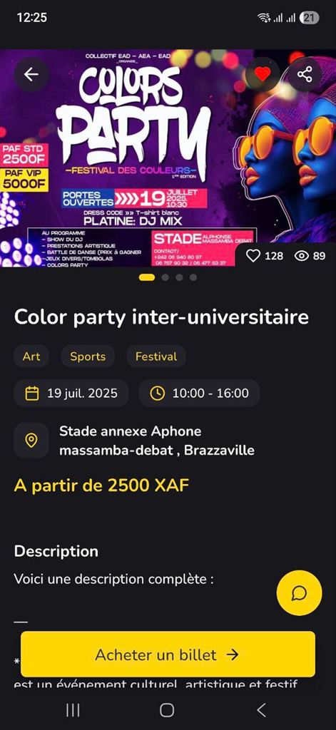 Rhodium - Rhodium mobile app screenshot showing event details and ticket booking for a university color party festival.