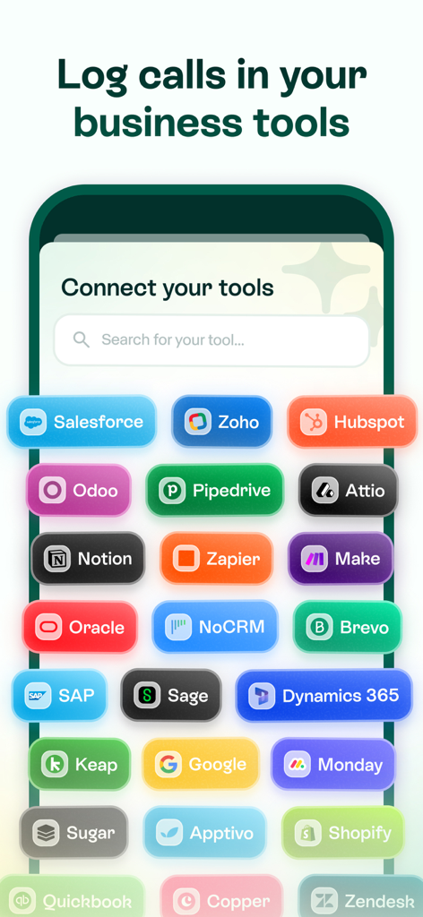 Pantalla de la aplicación móvil que muestra varias integraciones de herramientas empresariales, incluyendo Salesforce Hubspot y Shopify para registrar llamadas