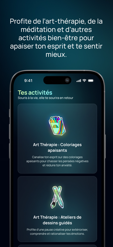 Talkity - Ein Bildschirm aus der Talkity-App mit Kunsttherapie-Aktivitäten wie beruhigenden Malvorlagen und geführten Zeichenworkshops.