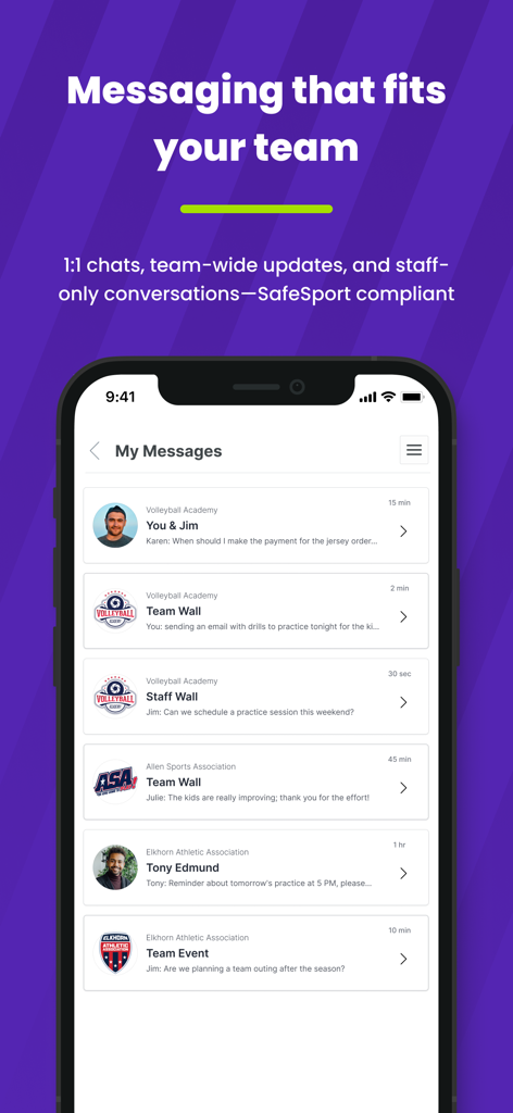 OTTO SPORT - OTTO SPORT app interface showing team and staff messaging threads for youth sports coordination