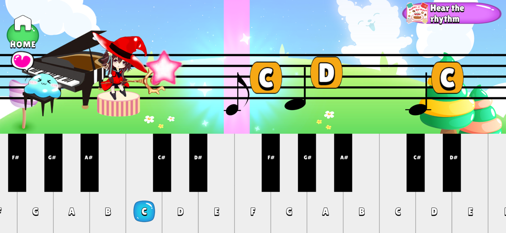 Educational piano app interface for children featuring labeled keys and musical notes with letters on a colorful background