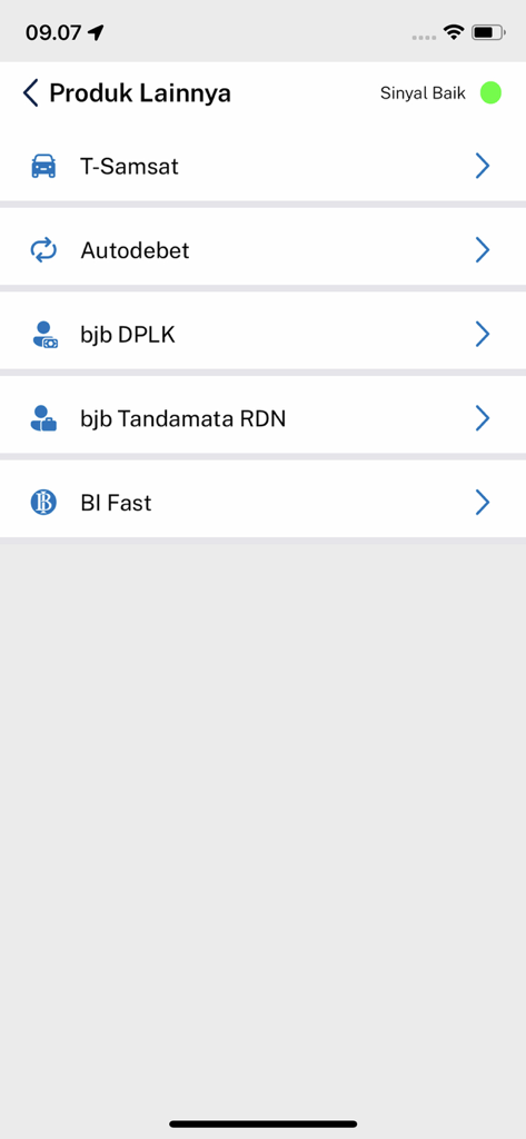 Interfaz de la aplicación móvil DIGI by bank bjb que muestra un menú de otros productos como impuestos de vehículos y fondos de pensiones