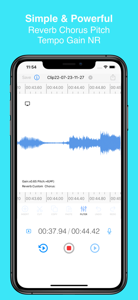 EZAudioCut app interface showing an audio waveform with professional editing and filter tools