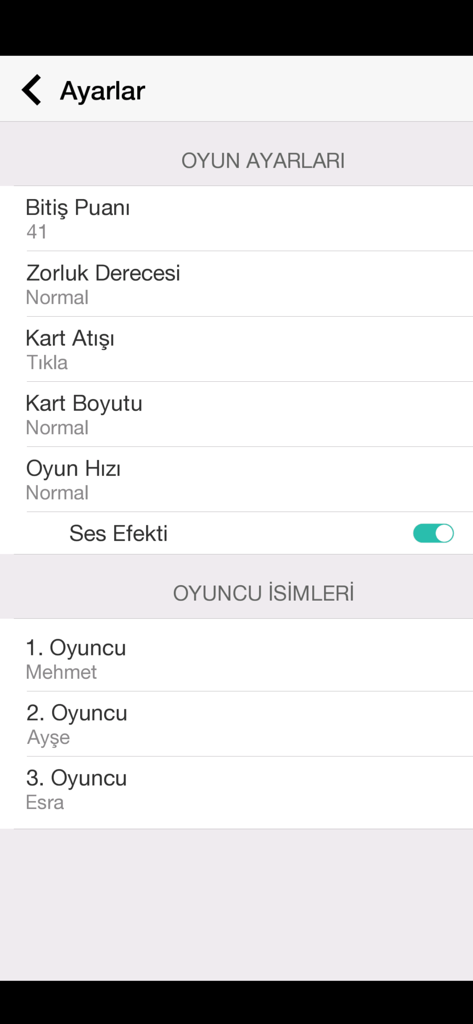 Pişti - İnternetsiz - Einstellungsbildschirm der Pisti-Offline-Kartenspiel-App mit Spiel- und Spieleroptionen.