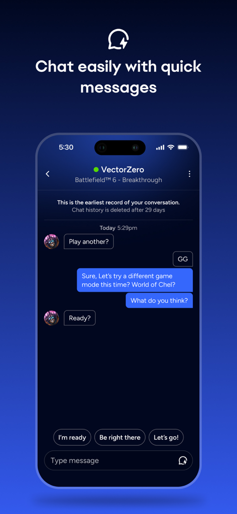 EA Connect - EA Connect mobile app chat interface showing a conversation between players with quick message templates at the bottom