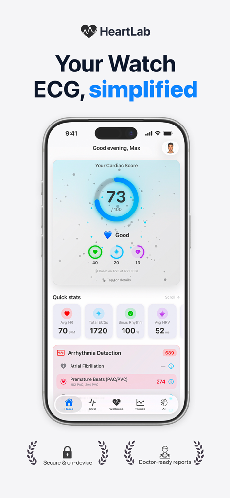 HeartLab app interface showing a cardiac score of 73 and heart rate variability metrics on a mobile dashboard.