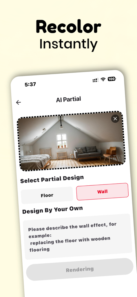 Decor Master-AI Home Design - Decor Master mobile app screen showing the AI partial design tool for instant wall and floor recoloring
