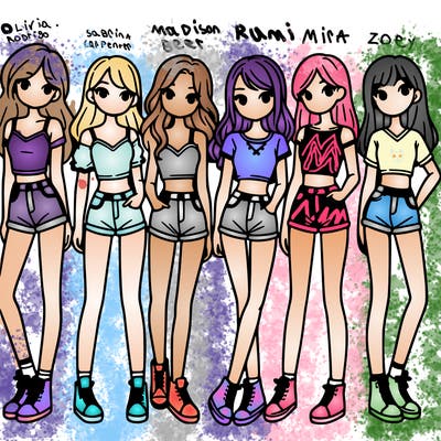 a group of girls wearing crop tops and shorts