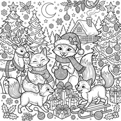Celebrate the magic of the holidays with this charming coloring page featuring a family of red foxes enjoying a festive Christmas scene. Adorned with gifts, decorated trees, and a friendly reindeer, it's perfect for spreading winter cheer.
