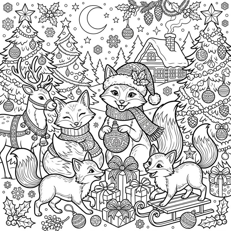 Celebrate the magic of the holidays with this charming coloring page featuring a family of red foxes enjoying a festive Christmas scene. Adorned with gifts, decorated trees, and a friendly reindeer, it's perfect for spreading winter cheer.