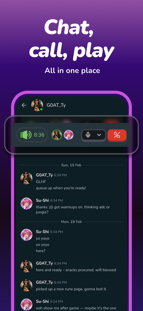 Gankster Duos - Gankster Duos mobile app chat and voice call screen for gaming teammates