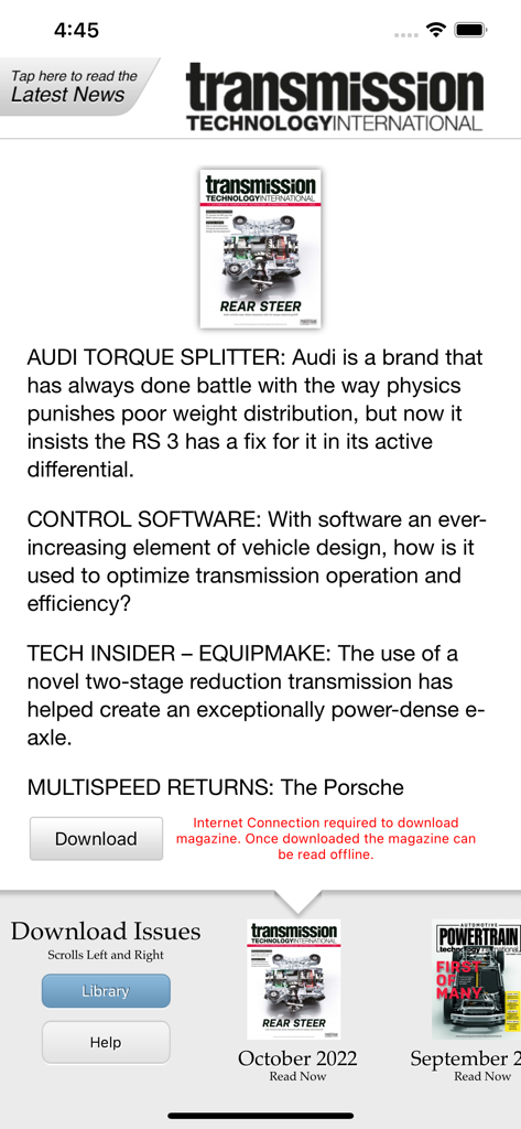 Automotive Powertrain Tech Int - アプリ内のTransmission Technology International雑誌のインターフェース。技術記事の概要とダウンロードボタンが表示されます。