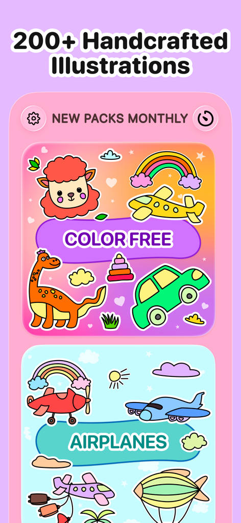AI-Free Kids Coloring • Mea - A screen showing over 200 handcrafted illustrations and monthly coloring packs including airplanes and dinosaurs