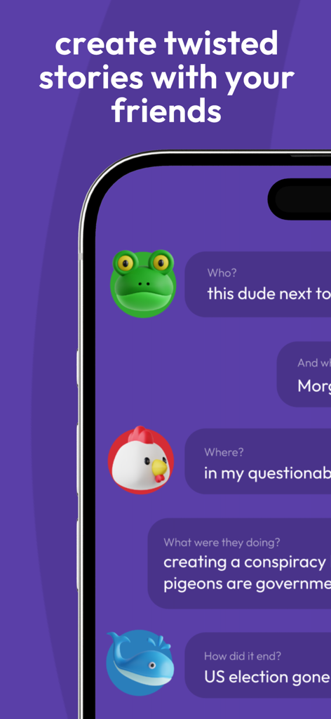 Storiado: twisted party game - Mobile app interface of Storiado twisted party game showing prompts and funny answers to create a story