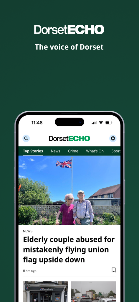 Dorset Echo - Dorset Echo mobile app interface showing local news stories and the slogan The voice of Dorset
