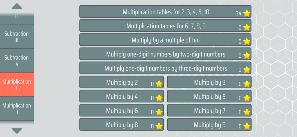 A menu in the Math Shot Mathematics app showing various multiplication topics and skill levels for elementary students.
