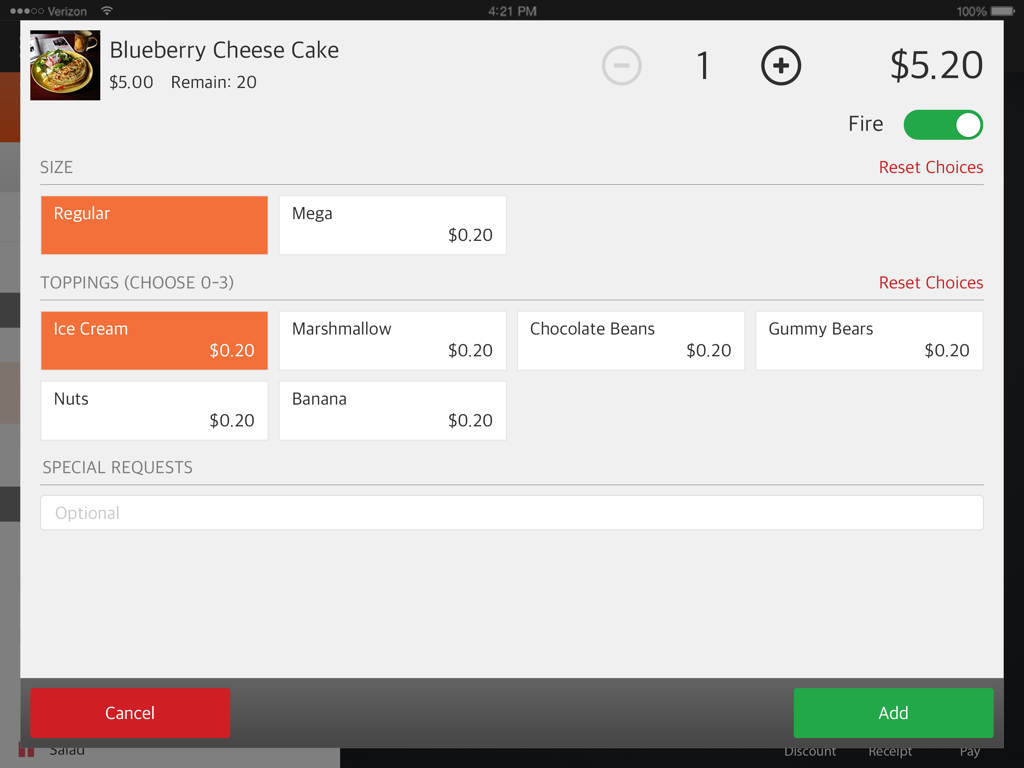 Eats365 POS screen for customizing a menu item with size and topping options