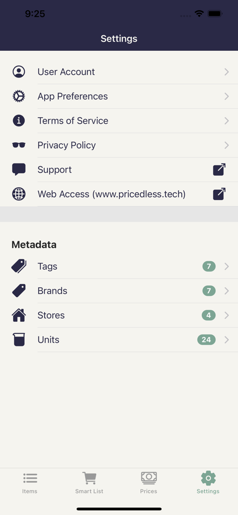 PricedLess - PricedLess 앱의 설정 메뉴에 태그, 브랜드 및 매장에 대한 사용자 계정 기본 설정 및 데이터 관리 옵션 표시